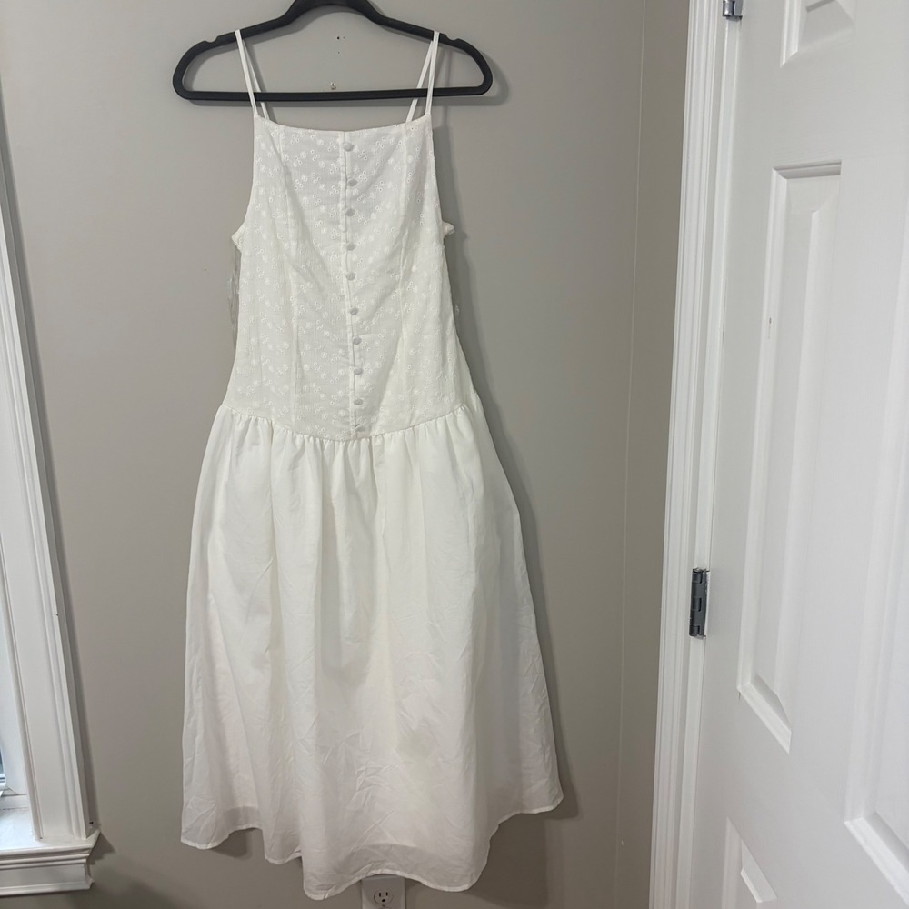 Cottagecore White Eyelet Drop Waist Midi Dress Sleeveless Cotton Size Small - Picture 2 of 11